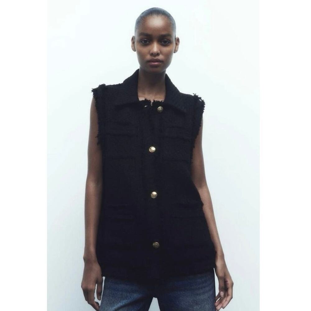 ZARA black frayed textured black vest gold buttons S